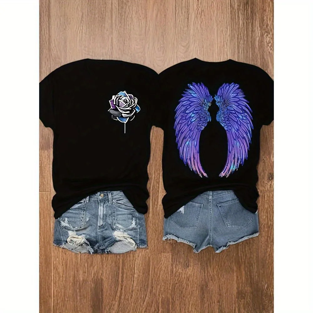 

Женский повседневный топ с короткими рукавами и цветочным принтом, круглый вырез, удобный крой, черная футболка с рисунком для повседневного наряда