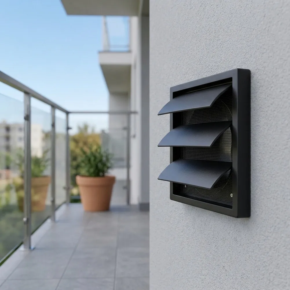 Vent Louver Cover Compatible with Square Balcony Installations Offering Adjustable Louvers for Controlled Air Movement