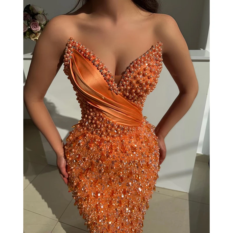 Glam Mermaid Strapless Prom Dress Sweetheart Neckline with Pearls Evening Dress Floor Length Party Dress Formal Galas Dress