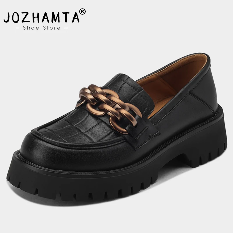 JOZHAMTA Size 34-41 Women Loafers Classic Chain High Heels Shoes For Women Retro Pumps Genuine Leather 2023 Trend Preppy Daily