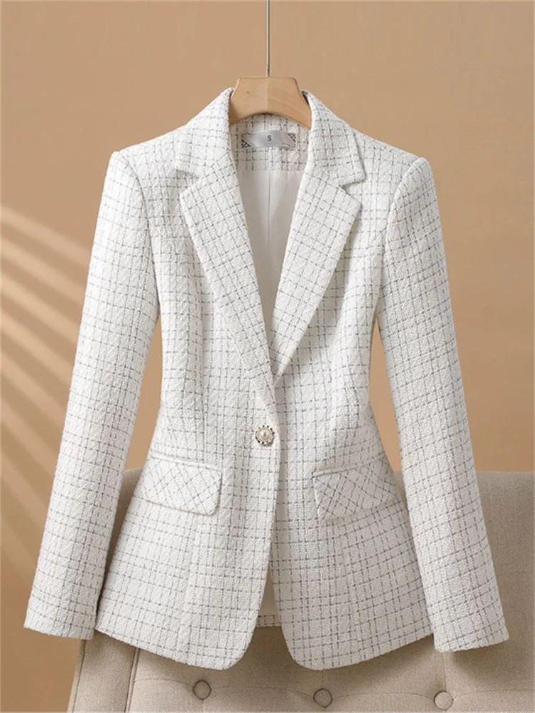 Wit Jasje Dames Eenvoudig Kantoor Dames Blazers Lente Herfst Vrouw Jassen Geruite Zak Uitloper Elegante Vrouwelijke Pakken