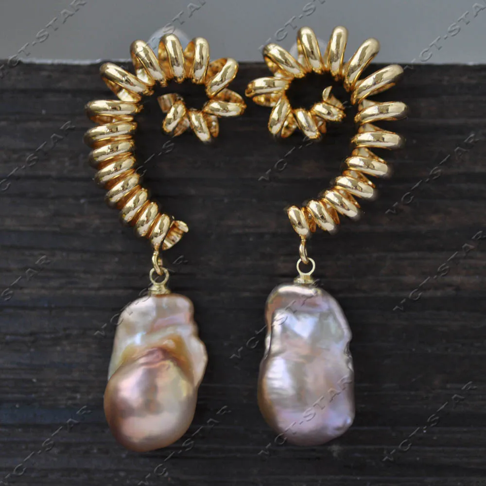

MTC·STAR A+ 20mm Peacock-Lavender Baroque Reborn Keshi Pearl Golden Spiral Dangle Earring Custom Jewelry（Z13967 ）