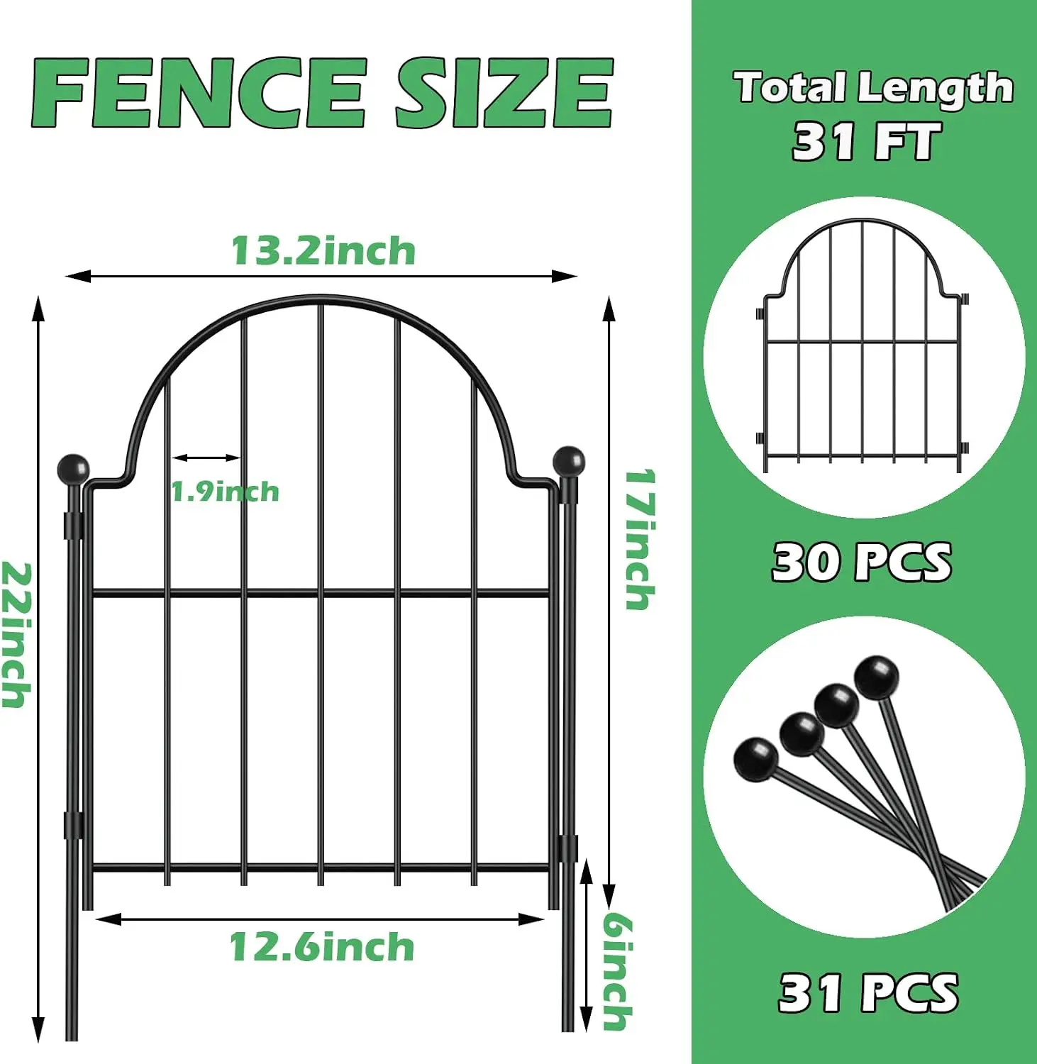 30 Pack Decorative Garden Fence, 17in (H) x 32ft (L), with Ground Stake