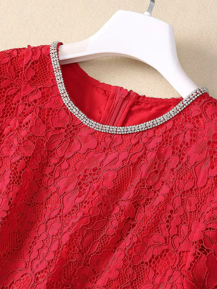 DSXDFACAIRIJ – robe Vintage en dentelle pour femmes, couleur unie, col rond avec diamants, manches courtes, ceintures, robes d'été à la mode