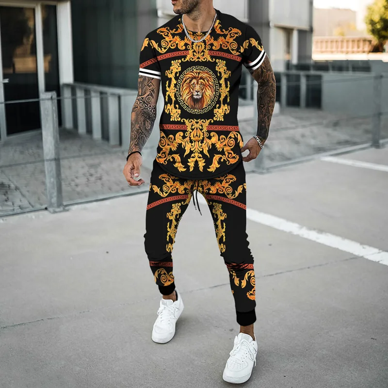 

Summer 3D Printing Lion Graphics Casual Brand Fitness Jogger T-Shirt ＋Long Pants Hot-Selling Fashicon Suit Men's Tracksuit