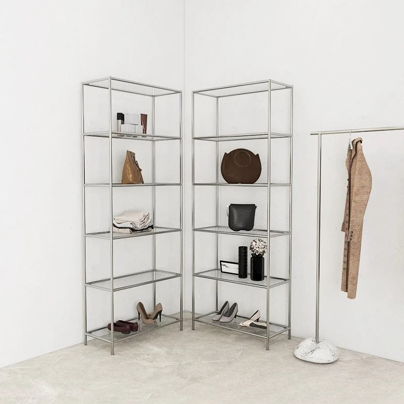 Stainless steel wall multi-layer shelf display rack tempered glass