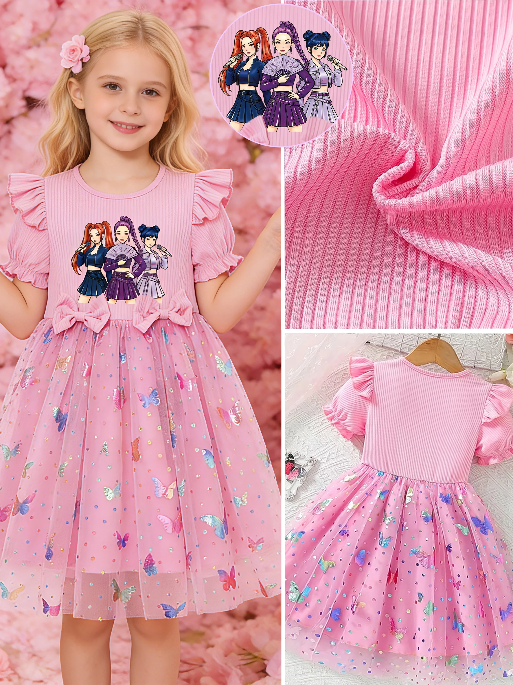 

Girls' Chinese-style girl group printed dress, a princess dress with colorful butterfly sequins and tulle.