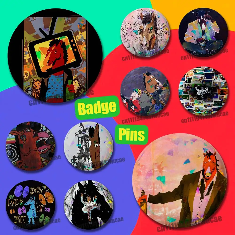 For B-BoJack Cartoon H-Horseman Badge Cover Custom Pin Insignia Emblem Round 25mm 44mm Laser Film