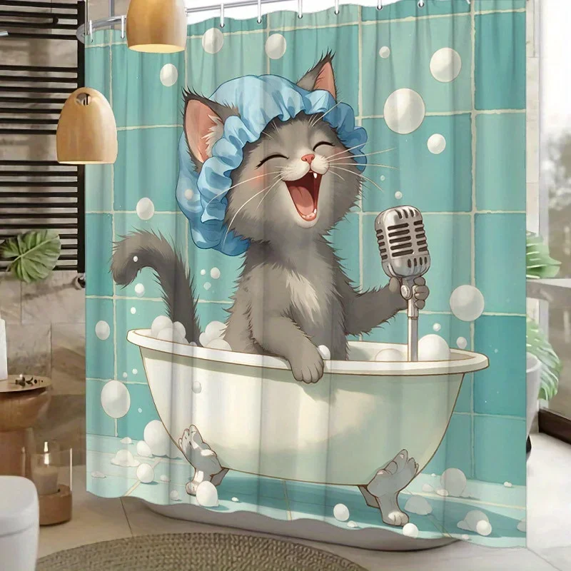 1pc Anthropomorphic Cat Shower Curtain - Singing in Bathtub, Retro Microphone Design, Polyester, Fashionable Bathroom Decor