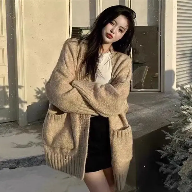 Korean Medium to Long Length Sweater Jacket for Women Loose and Lazy Style Slimming Effect Knitted Cardigan Niche Outerwear