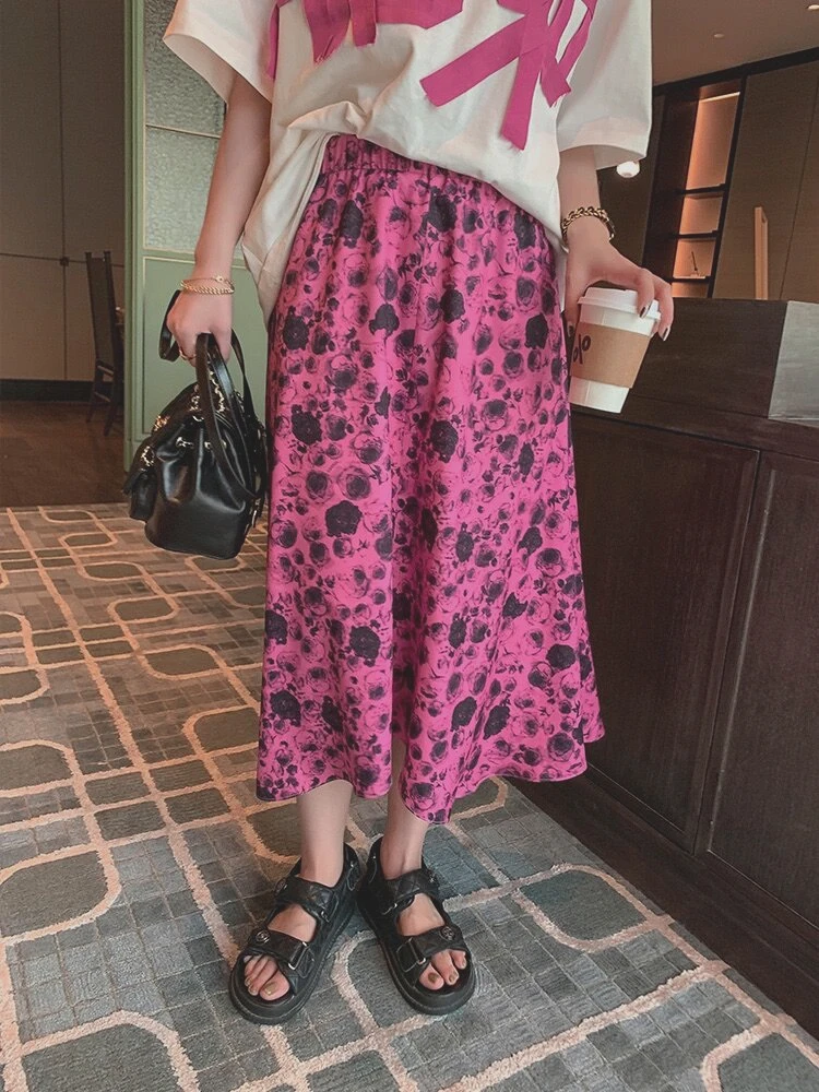 Spring Women cotton rose Skirt Women Flower Print High Waist long maxi Skirt Ladies Evening Party Pleated Skirts vintage  스커트