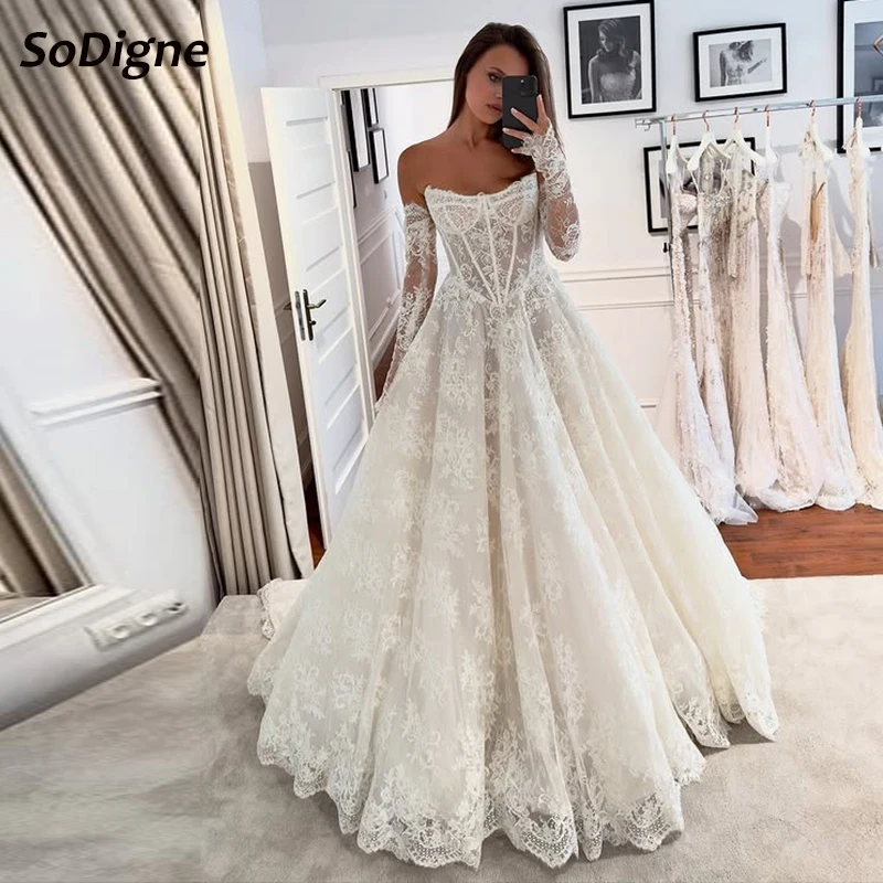 

SoDigne A-line Lace Wedding Dresses Strapless Sleeveless Bridal Dress Long Beach 2025 Wedding Gown Robe De Mairee Customized