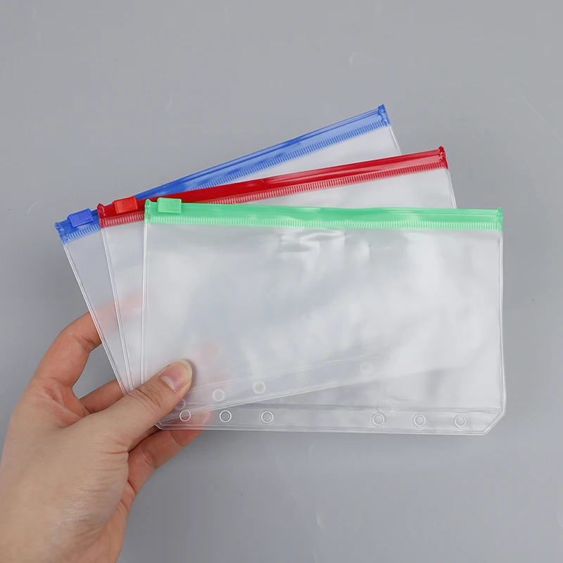 Impermeável PVC Zipper Binder bolsos, Envelopes bolsas, A6, 6 buracos, 4pcs