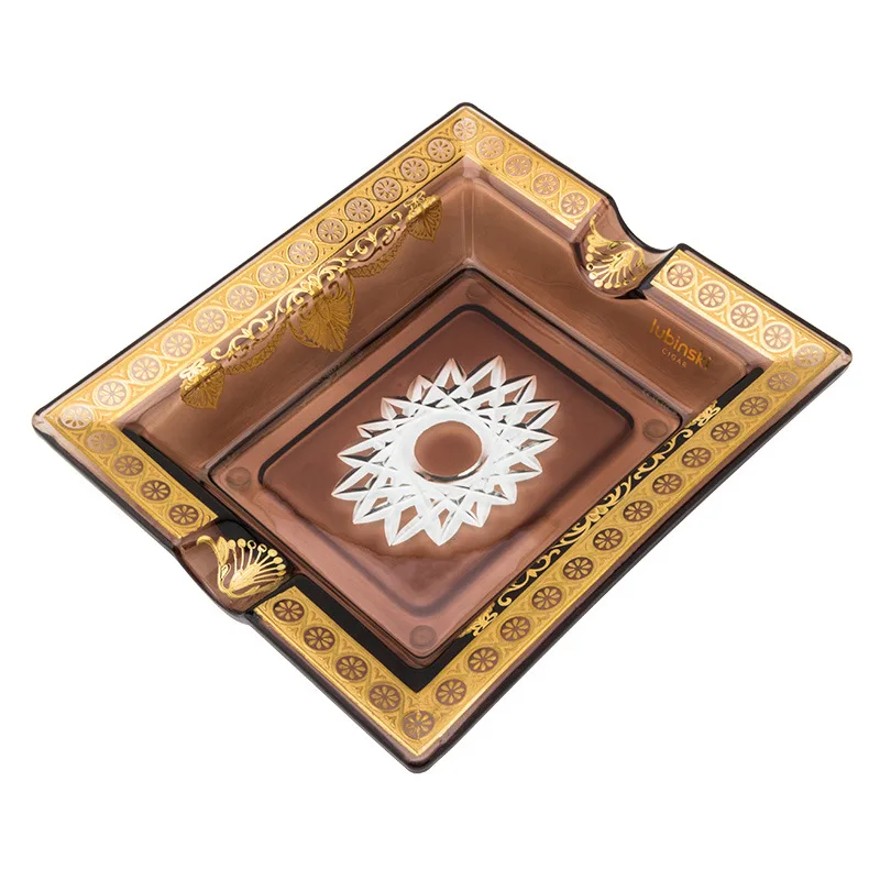 LUBINSKI Cigar Ashtray Glass Material Double Smoke Slot Handmade Carving Pattern Creative Craft Fashion Cigar Ash Holder Tool