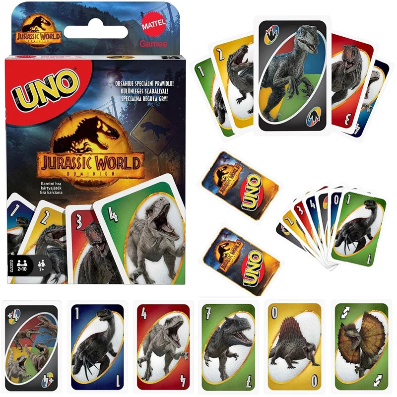 

Mattel Games UNO Jurassic World Dominion for Family Night Featuring Tv Show Themed Graphics and a Special Rule for 2-10 Players