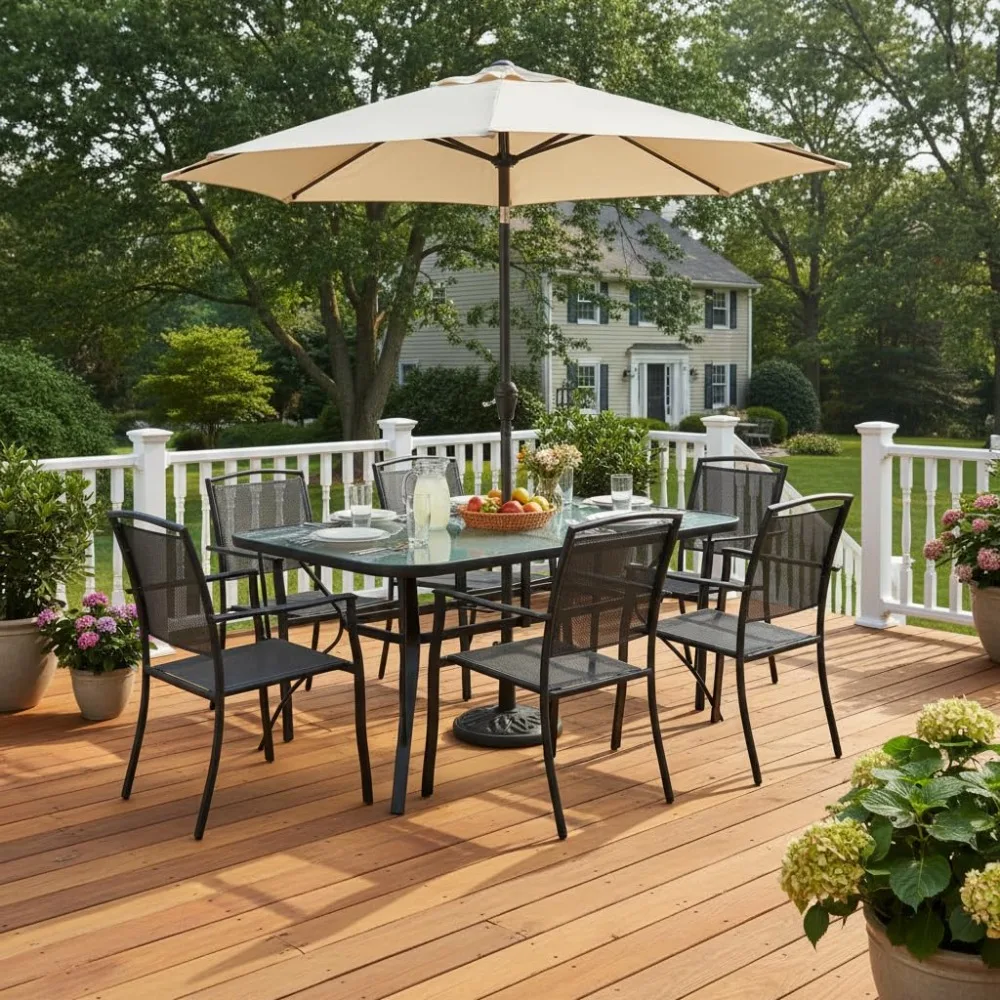 

55" Patio Dining Table for 6, Rectangle Outdoor Dining Table with Tempered Glass Tabletop, Umbrella Hole & Metal, Customized