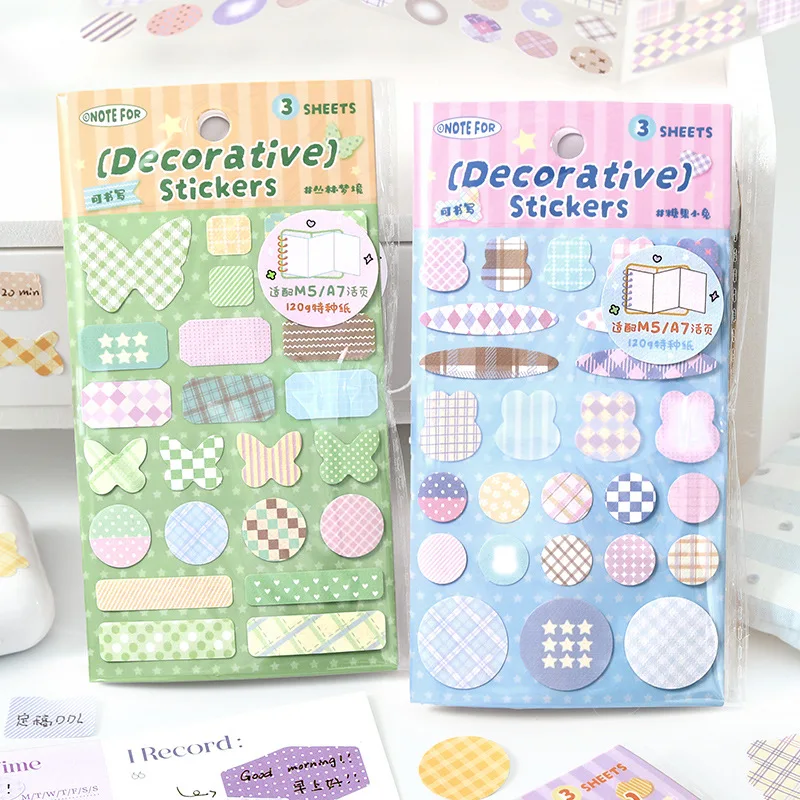 3sheet Simplicity Cute Sticker for M5 Size Scrapbook Note Plaid Butterfly Dot Style Journaling Sticker DIY Decor Decal Kid Gift