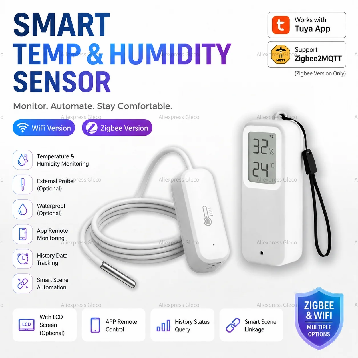 TUYA WIFI Smart Temperatur- und Feuchtigkeitssensor Zigbee Wasserdichter LCD-Bildschirm Sonde Thermometer Hygrometer Smart Home Alexa Google
