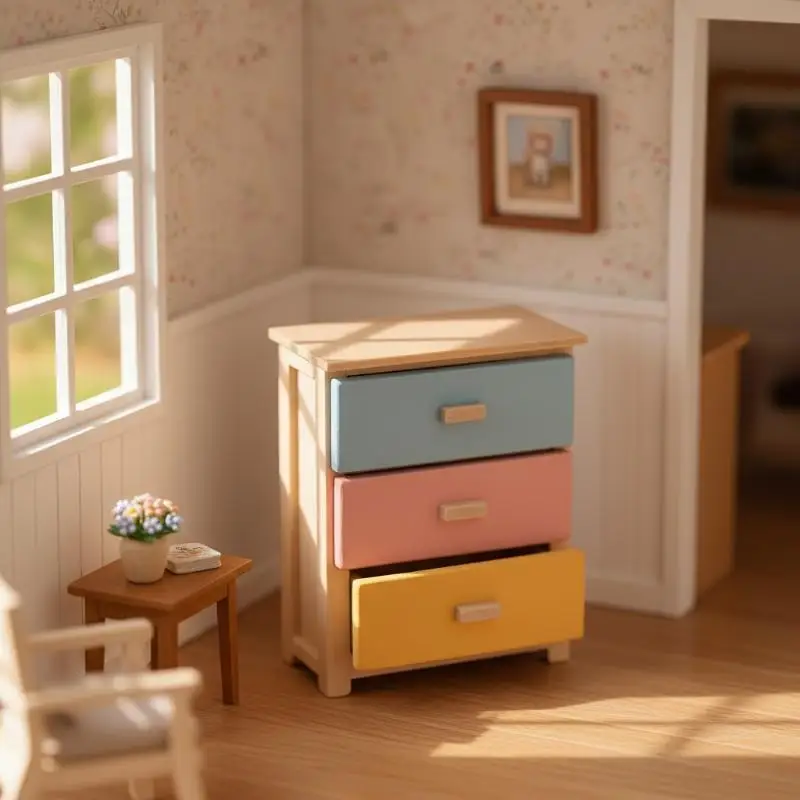 【F】Miniature Drawer Cabinet Bedside Table Ornament 1/12 Dollhouse Furniture Decoration Dolls House Micro Scene Photography Prop