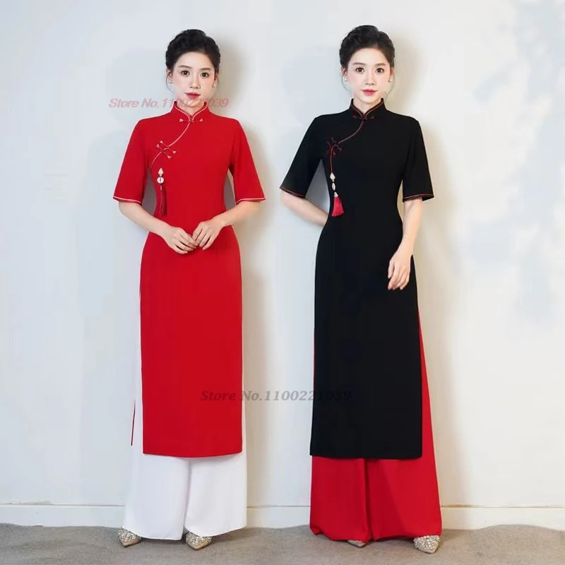 

2024 vietnam aodai dress improved cheongsam traditional oriental ao dai dress+pants set vintage qipao dress party banquet dress