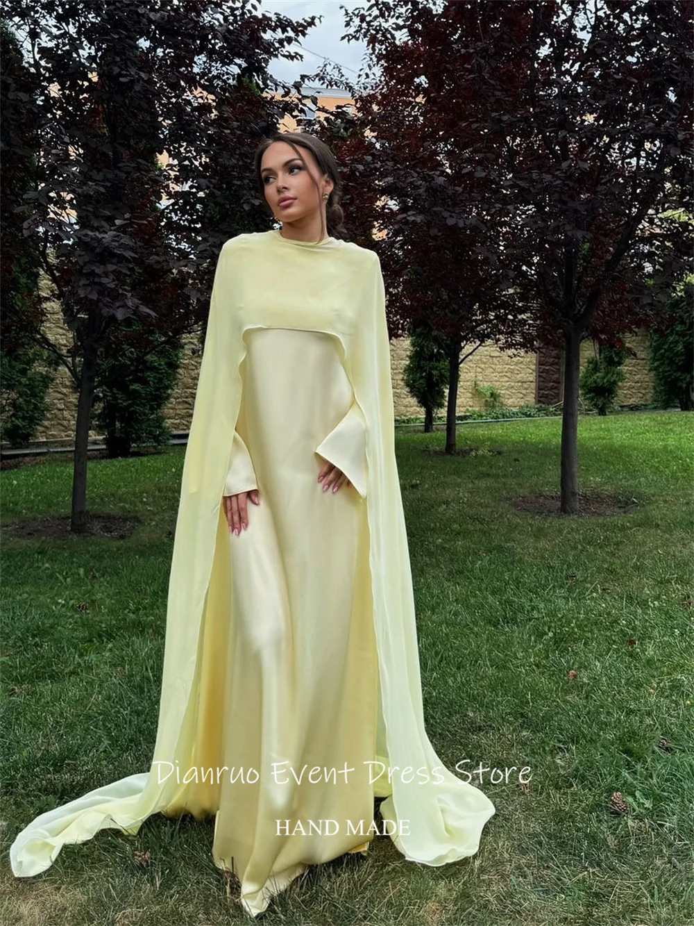 Dianruo 버터 옐로우 케이프 슬리브 이브닝 드레스 drapd 라운드 넥 파티 가운 우아한 쉬폰 vestidos formales 맞춤형