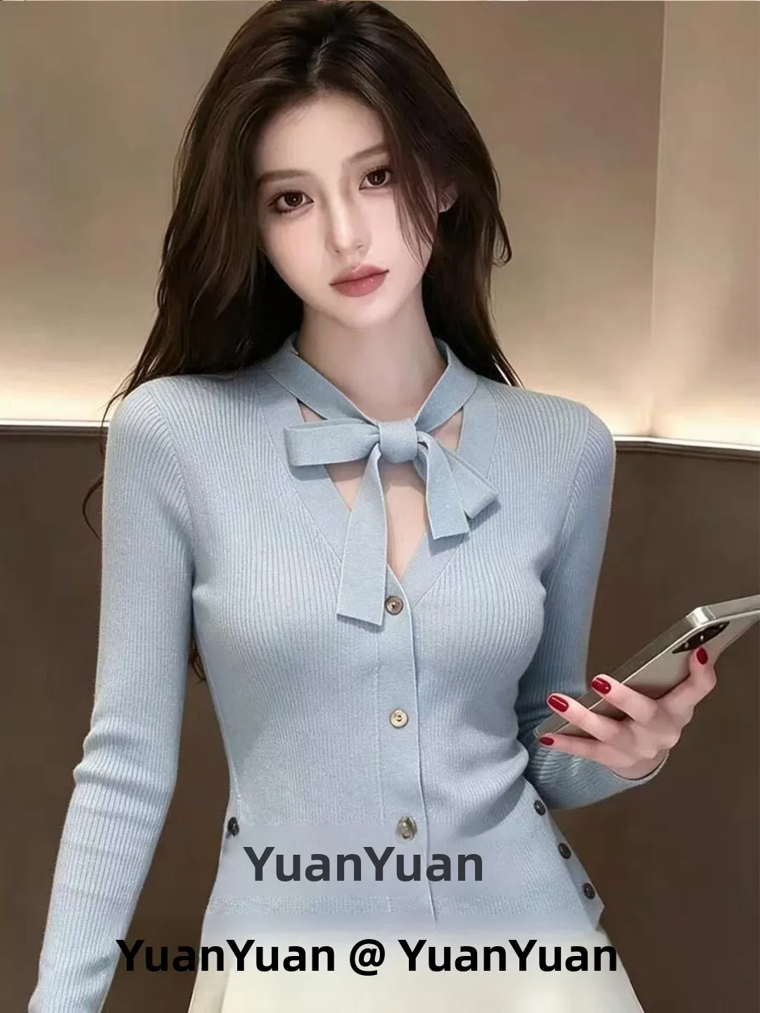 Blue V-Neck Knitted Sweater with Bow-Tie Long Sleeve Slim Fit Button-Open Cardigan Soft Polyester Fiber Autumn Winter New Style