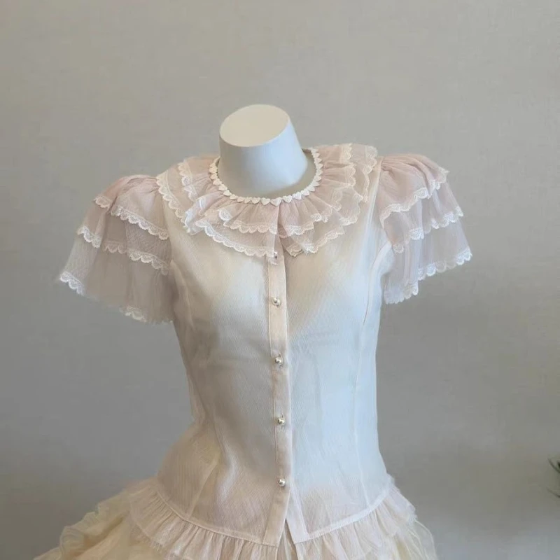 Kawaii Chic Design dentelle beaux hauts jolie mode mince col rond solide à manches courtes vêtements conception décontracté Lolita T-shirts