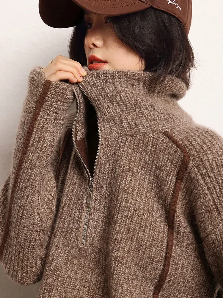 Fashion Casual Pullover Sweater Autumn Winter 100%Cashmere Women Sweater Zipper High Lapel Collar Warm Clothes Flower Gauze Knit