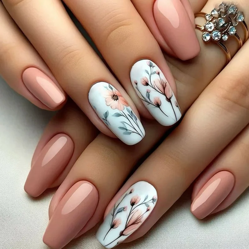 24 Uds uñas postizas de moda prensa en uñas postizas de Ballet largas arte con diseño de flores marrón desmontable cubierta completa puntas de uñas manicura