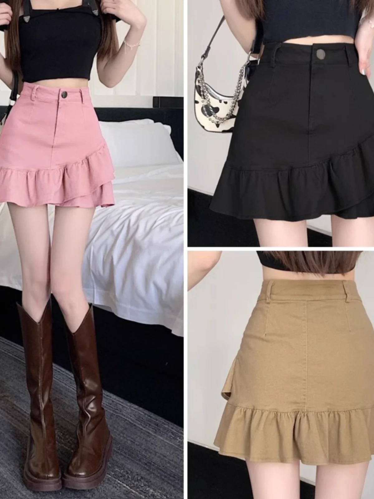 Dopamine Denim Skirt Women's Spring and Summer American Gyaru Sheath A- line Skirt High Waist Frill Fishtail Short Skirt