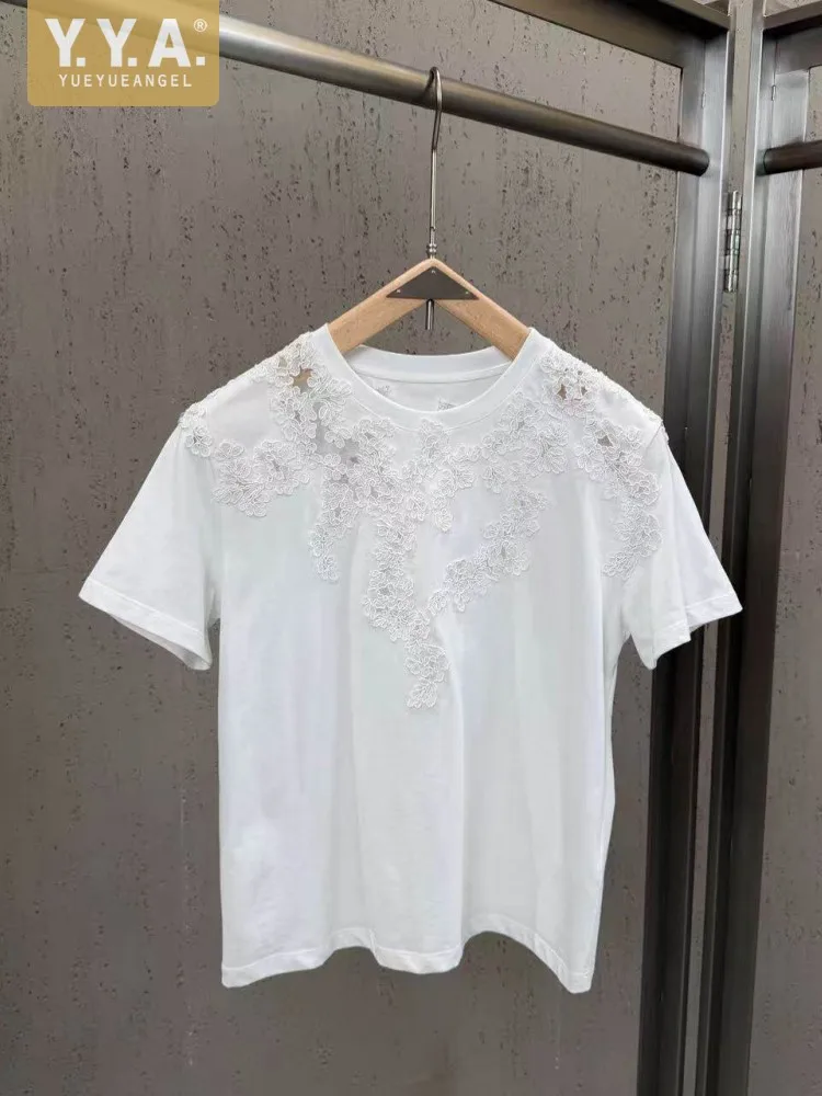 

Летняя женская футболка с вышивкой и кружевом, с коротким рукавом, повседневная, уличный стиль, с круглым вырезом, приталенная, топы-пуловеры, футболки