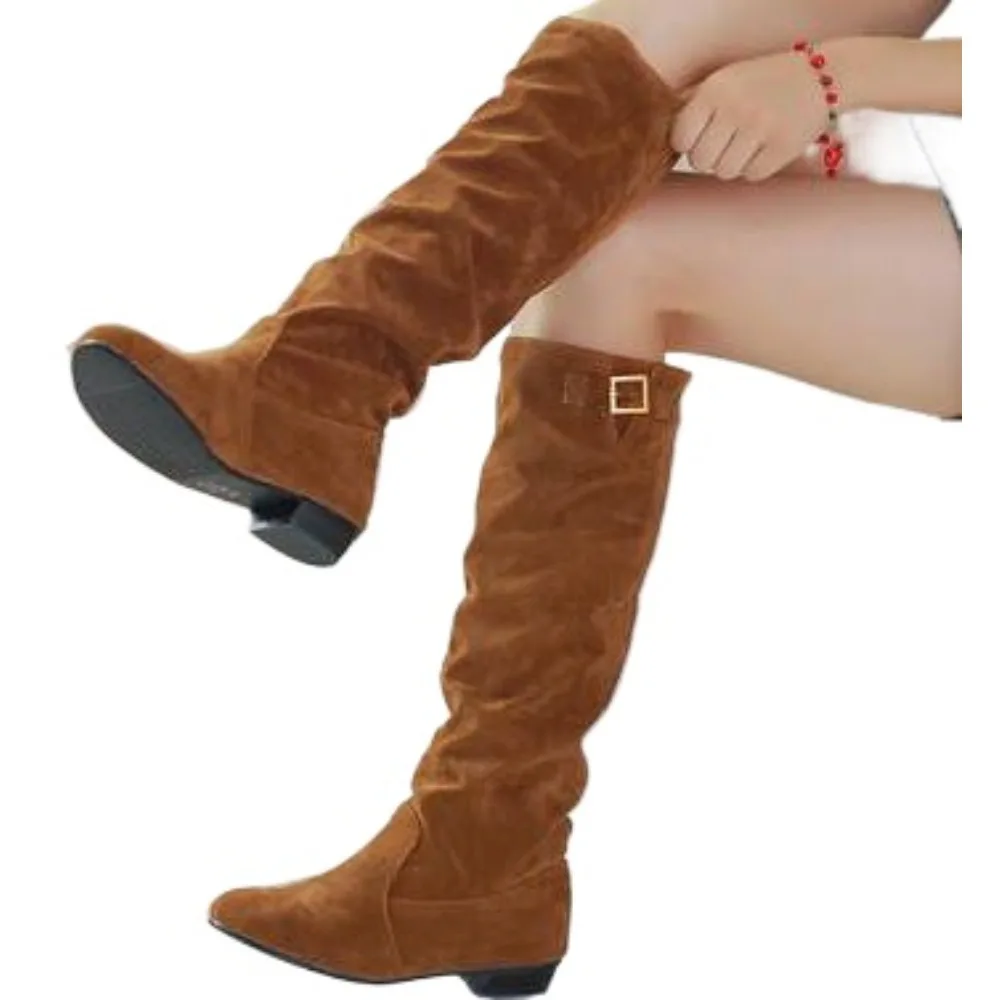 Knee High Boots Women Low Heel Round Toe Fashion Pleated Belt Buckle Black Yellow Brown Party Dress Casual Long Boots 889-1
