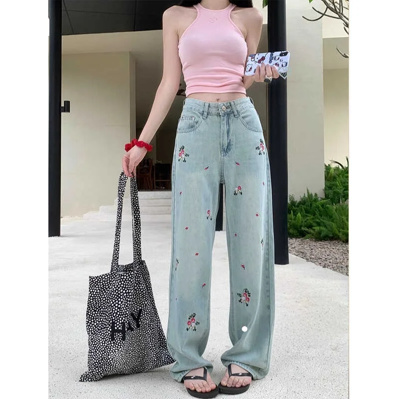 

Прямые широкие джинсы с высокой талией и цветочной вышивкой, женские дизайнерские летние хлопковые эластичные джинсы длиной до пола