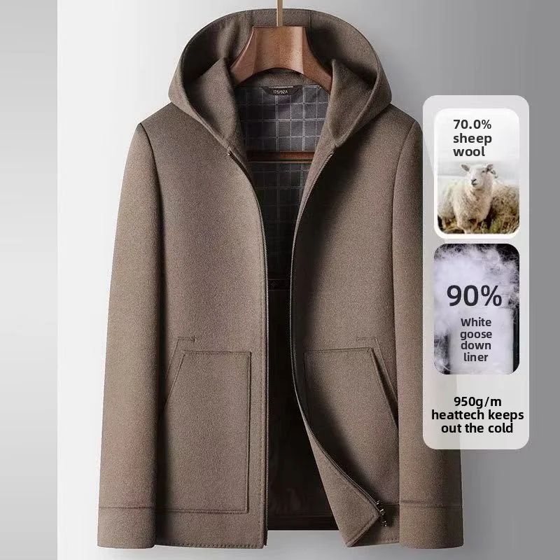 2025 Autumn/Winter New Men's Hooded Short Wool Coat Thickened Warm Goose Down Inner Tank Detachable Business Intimate Coat