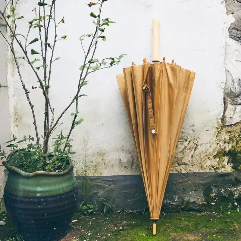 16 Bone Clear Umbrella National Style Retro Art Small Fresh Long Handle Wooden Windproof and Sunscreen Black Adhesive