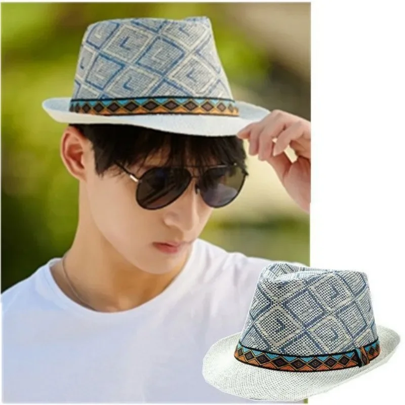 

New Spring/Summer Men's Straw Knitted Hat Short Brim Trendy British Jazz Sunscreen Beach Hat Versatile for Gentlemen