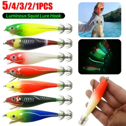1-5PCS Luminous Squid Lure Jig Hook Artificial Bait Horizontal Wood Shrimp Octopus Cuttlefish Lure Sinker Fishing Accessories
