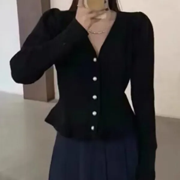 Jesienna i zimowa damska sweter dziergany koreańska moda talia Fishtail dzianinowy Top jednorzędowa kurtka sweter w szpic
