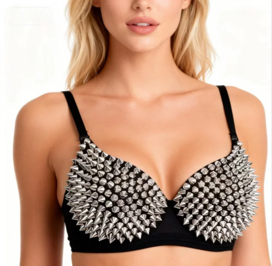 Silver Rivets Punk Rave Bralette Lingerie Gothic Bra Top Sexy Push Up Brassiere Nightclub Party Bar Fashion Hot Bras For Women