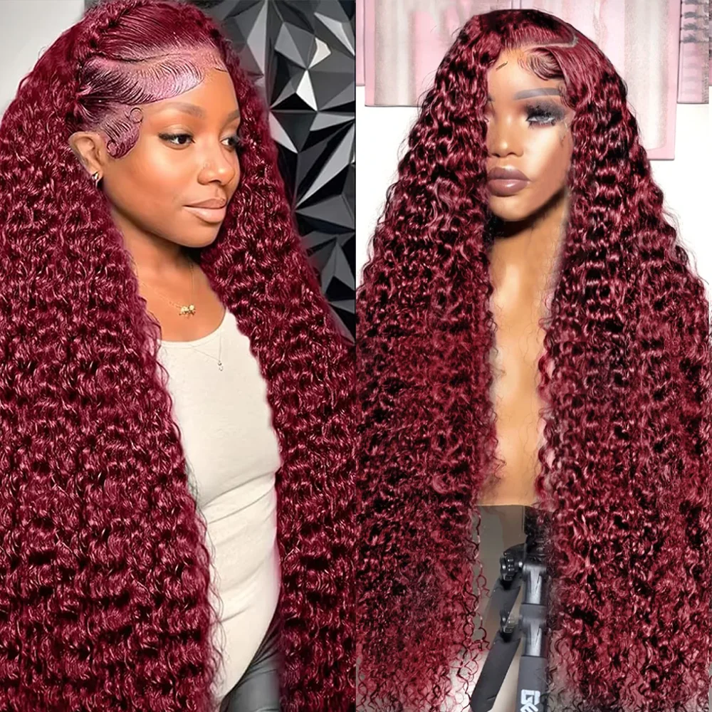 

Deep Wave 99J Burgundy 13x6 Lace Frontal Wig 100% Human Hair 36 Inch HD Lace Front Wigs Brazilian Red Wine Water Wave Wigs