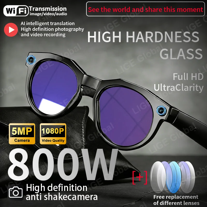 

LIGE 5MP HD Camera AI Glasses 1080P Video Recording Translation Smart Sunglasses Bluetooth Call Music Play Color Changing Lenses