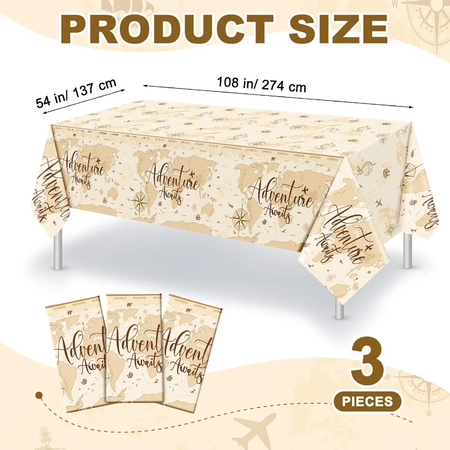 3 Pcs Adventure Awaits Tablecloth Travel Party Decorations Bon Voyage World Map Table Cloth Plastic Disposable Table Cover for