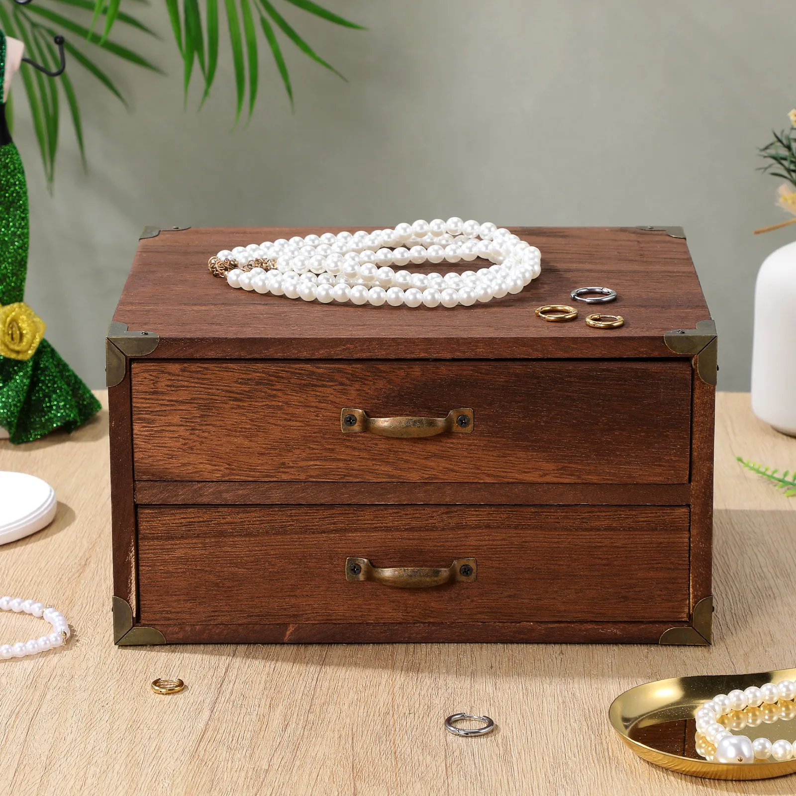 

Vintage Wood Drawer Storage Box Two Drawers Desktop Organizer for Desk Home Office Stationery Makeup Accessories