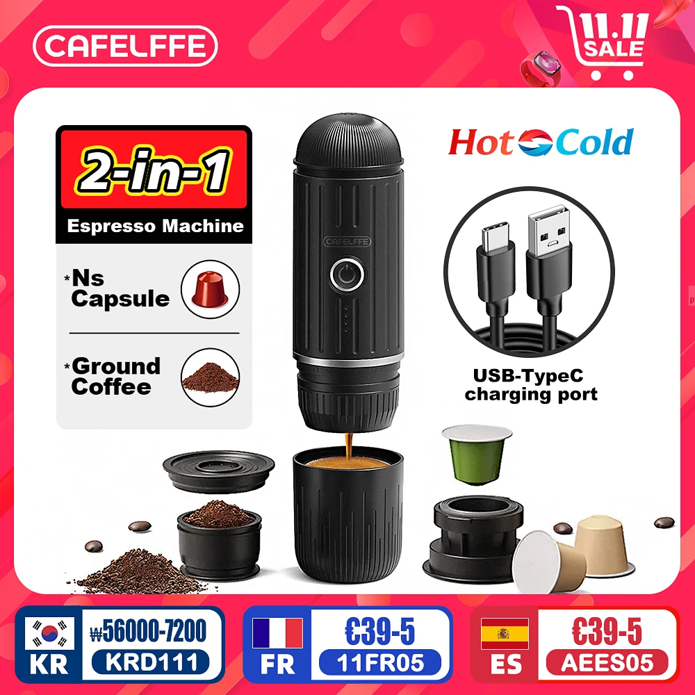 Cafelffe-cafetera portátil, máquina de café expreso eléctrica inalámbrica, compatible con cápsulas Nes y café en polvo, regalo para amante, papá, campamento de senderismo