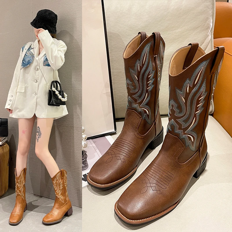 Embroidered Western Cowboy Boots Women Boots Female Boots Square Toe Women Shoes Slip On Mid-Calf Fashion Cowgirl Shoes Slip-On