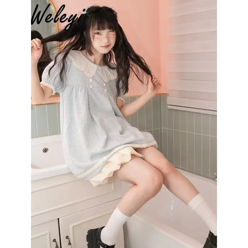 Cute Japanese Sweet Doll Collar Plaid Dress Female 2024 Summer New Kawaii Girl Loose Short Puff Sleeve Princess Short Dresses