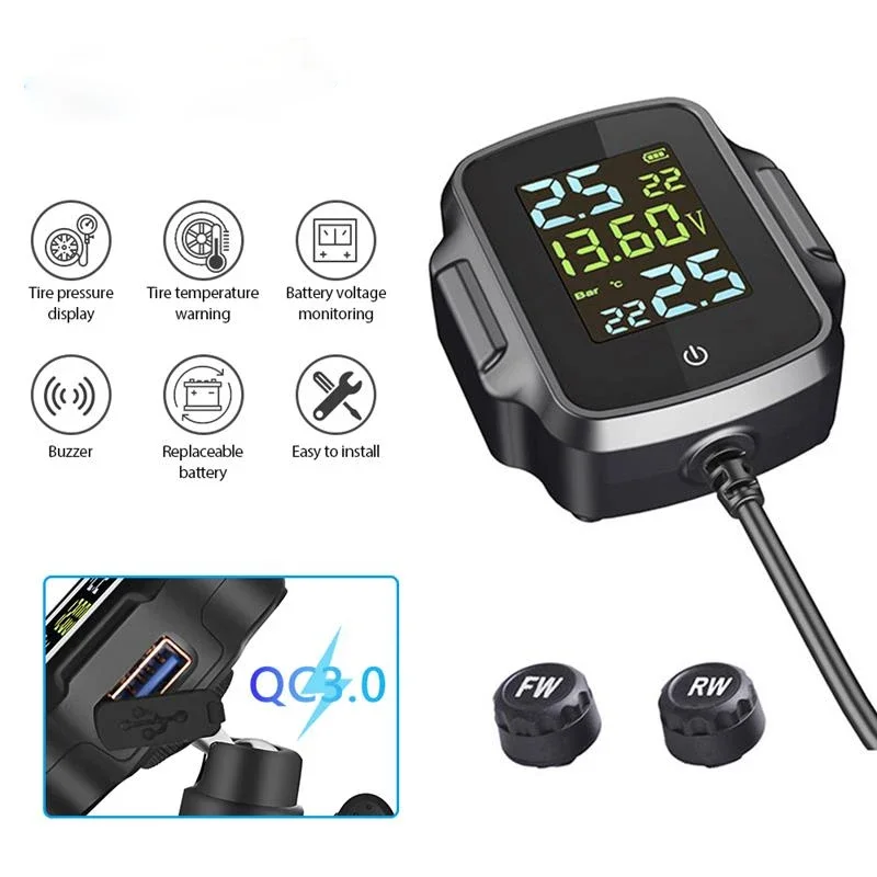 

Motorcycle TPMS With QC 3.0 Fast Charging USB Output Motorbike Tire Pressure Monitoring System Tyre Temperature Alarm System