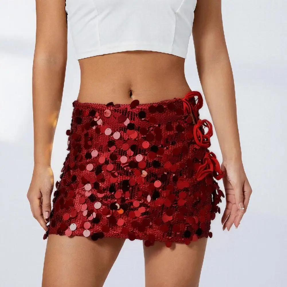 Womens Summer Sexy Party Clubwear ShinySparkle Sequined Side Split Bowknot Tied Hollowed Low Waist Short Mini Skirts