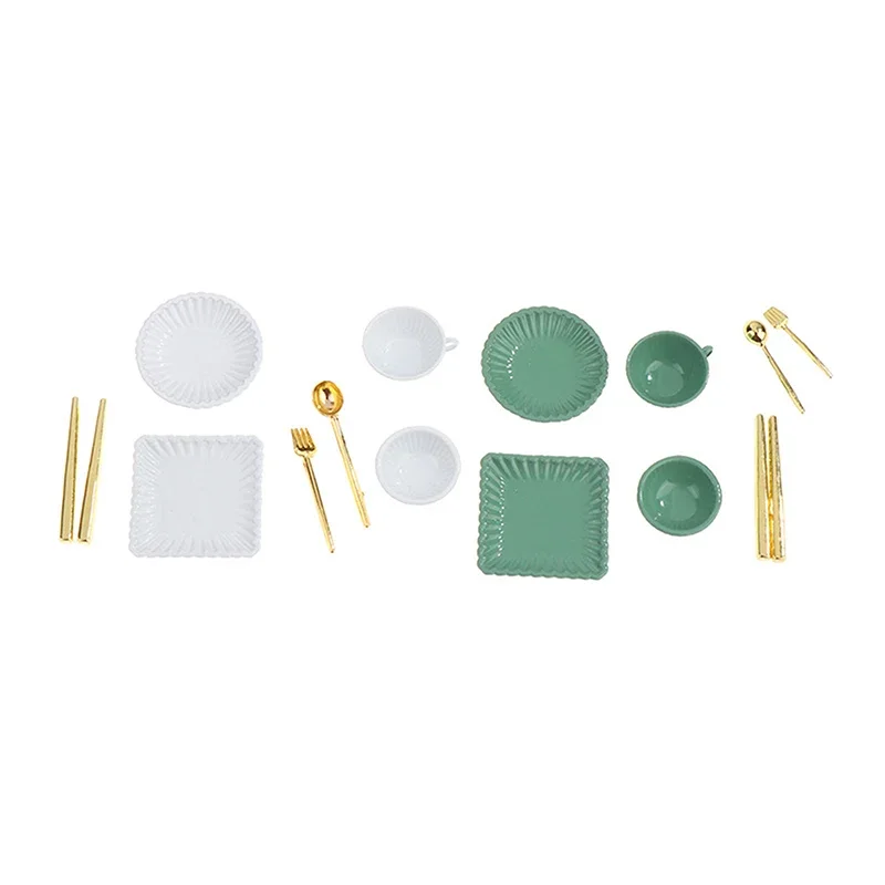 Platos en miniatura, tazas de café, cuchillos, tenedores, cucharas para juego de simulación, 7 unid/set, accesorios de juguete de cocina para casa de muñecas a escala 1:12