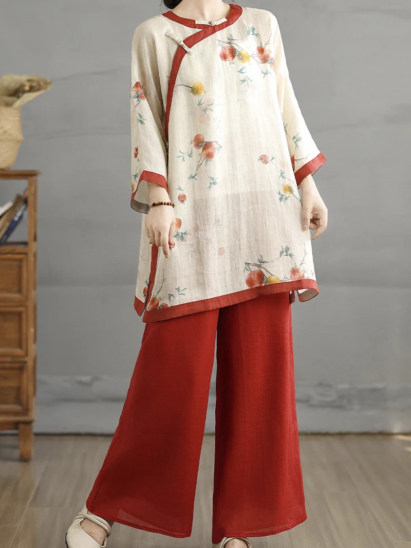 

Весенне-летний новый комплект в китайском стиле: топ с боковыми пуговицами и широкие брюки для беременных, свободный крой, эффект похудения